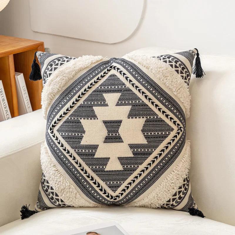 Housse de coussin en coton et lin à pompons - e-thnic