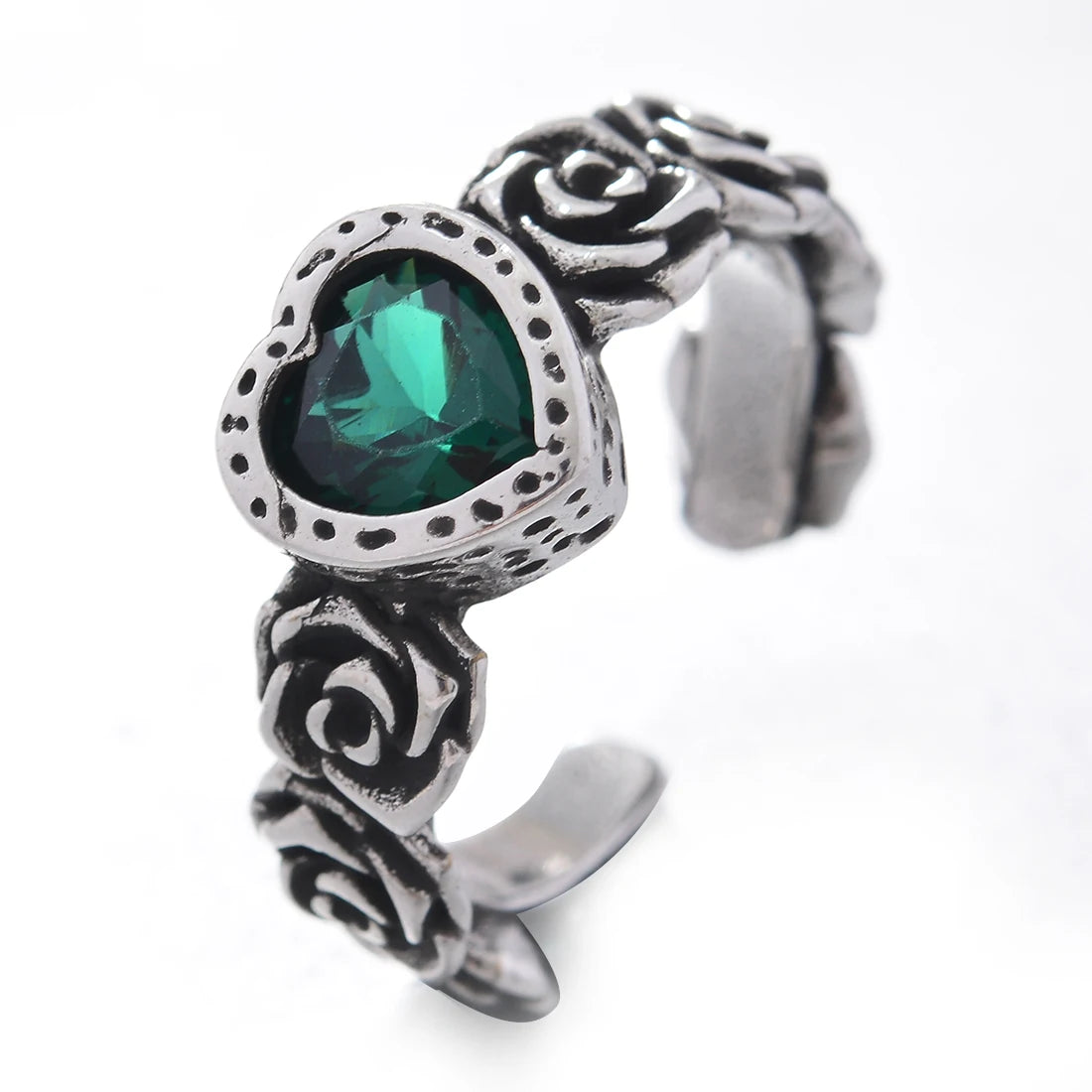 Bague en argent avec cœur en cristal vert - e-thnic