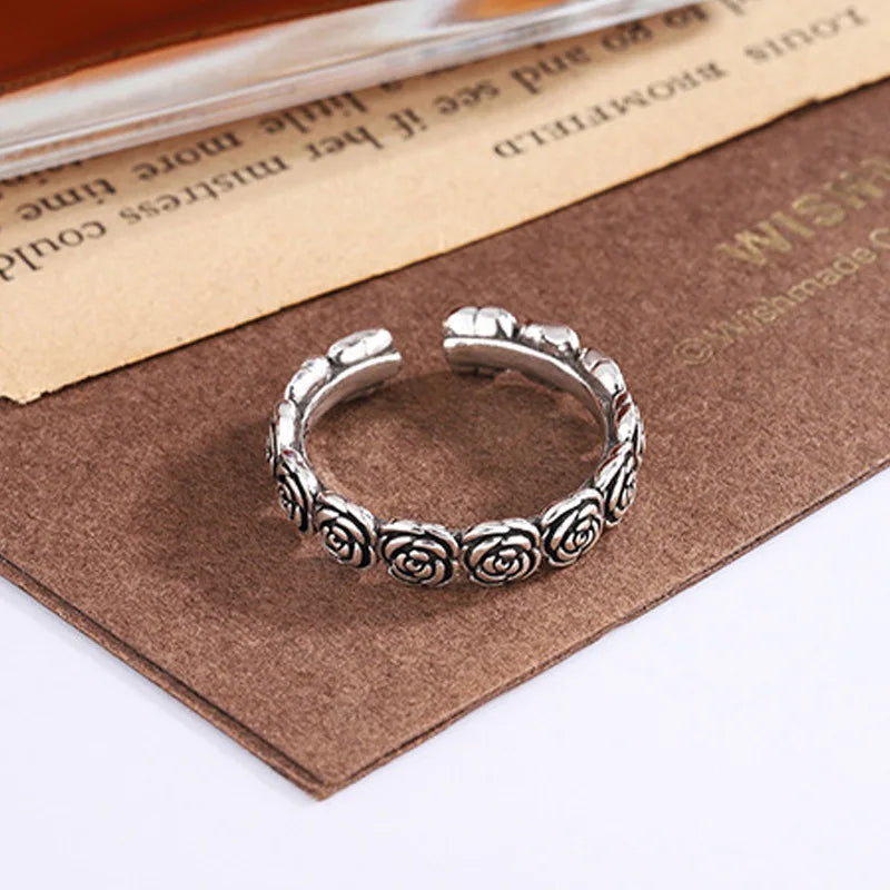 Bague en argent thaïlandais avec motif de rose - e-thnic