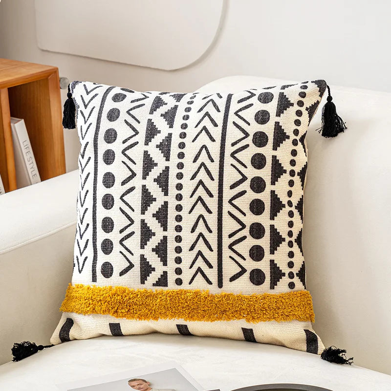 Housse de coussin en coton et lin à pompons - e-thnic
