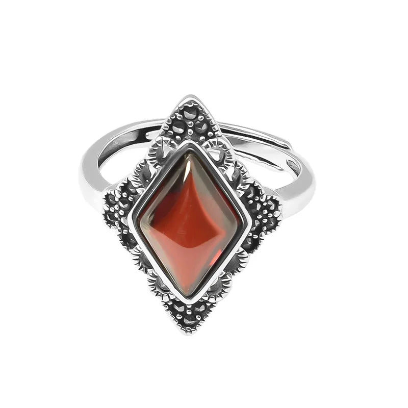 Bague en argent thaïlandais avec pierre grenat rouge - e-thnic