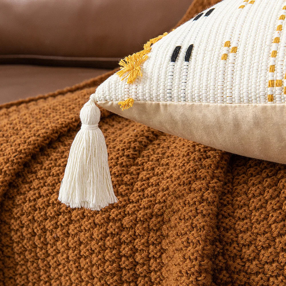 Housse de coussin avec pompons, style pastoral - e-thnic