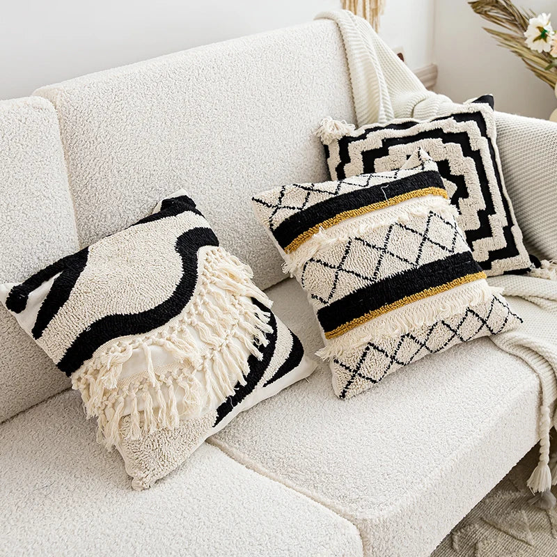 Housse de coussin noires et ivoire faite main - e-thnic