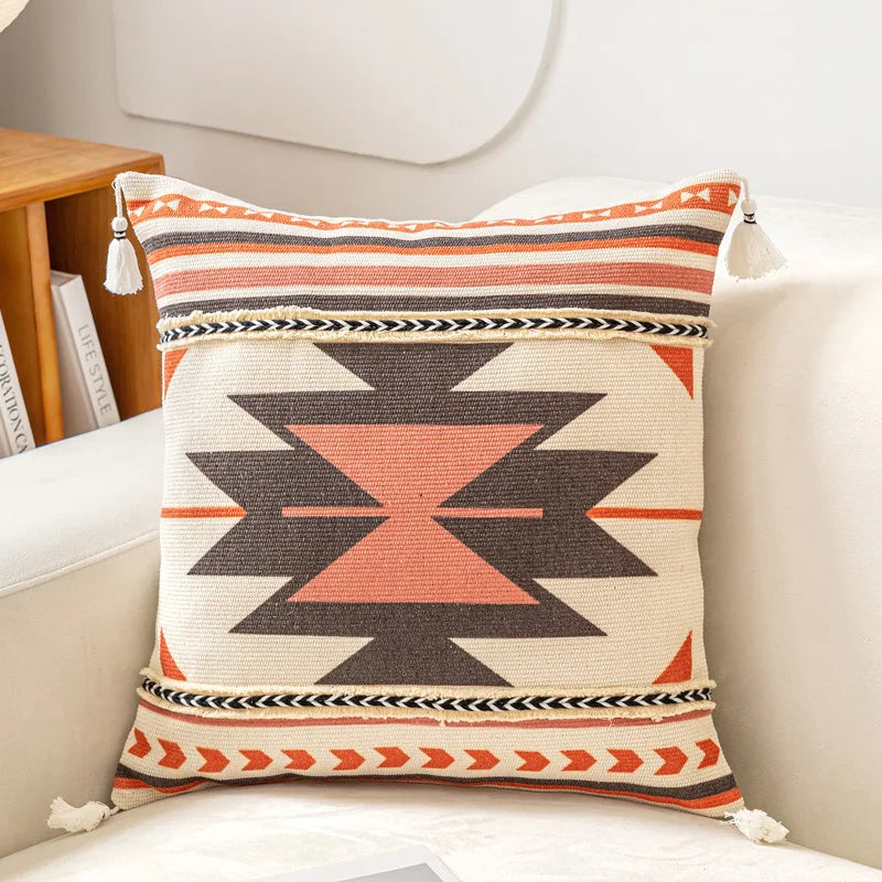 Housse de coussin en coton et lin à pompons - e-thnic