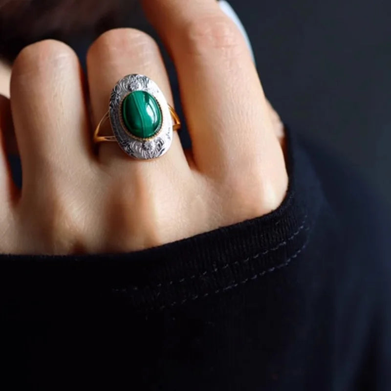 Bague en argent avec pierre de malachite - e-thnic