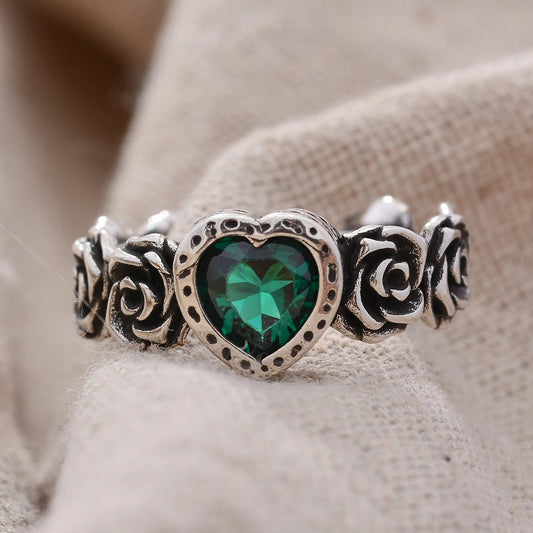 Bague en argent avec cœur en cristal vert - e-thnic