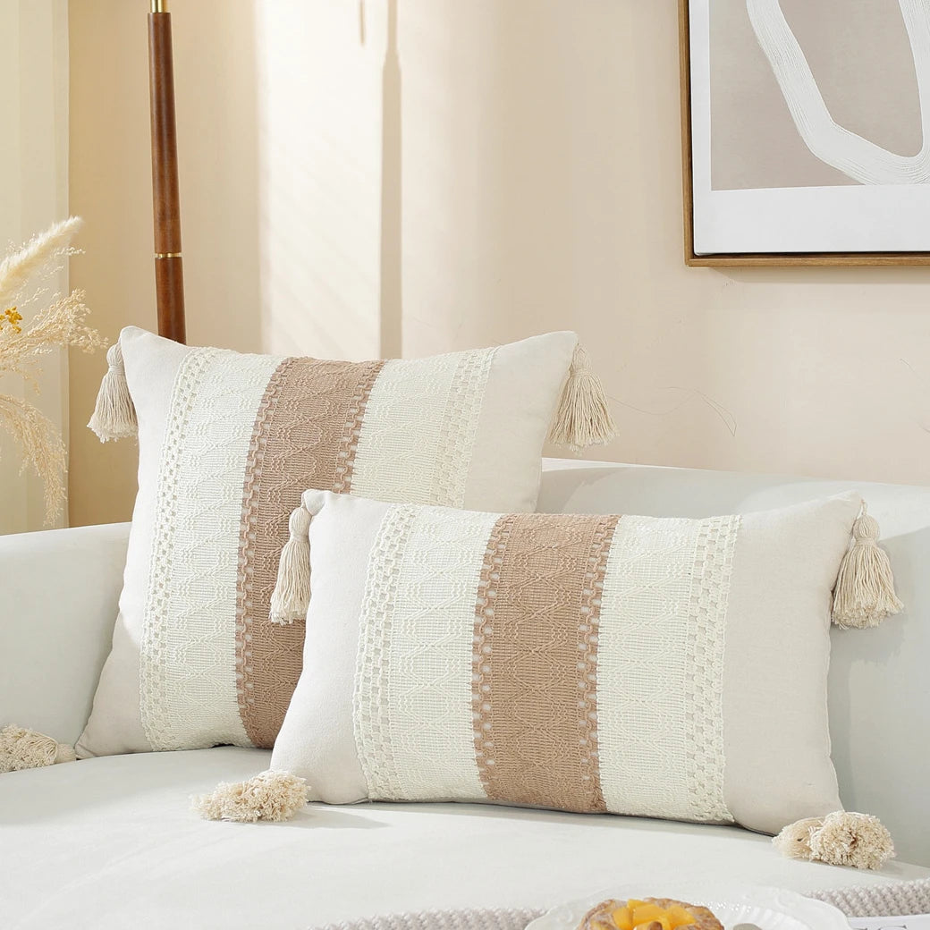 Housse de coussin beige avec motif rayé - e-thnic