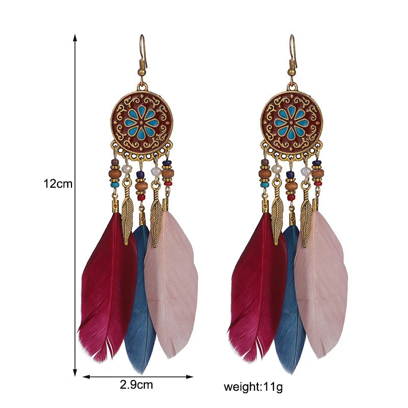 Boucles d'oreilles longues en plumes Boho - e-thnic