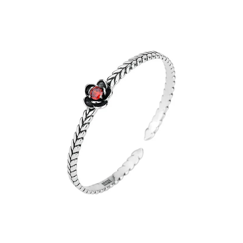 Bracelet vintage en argent avec fleurs et cristal rouge brillant - e-thnic