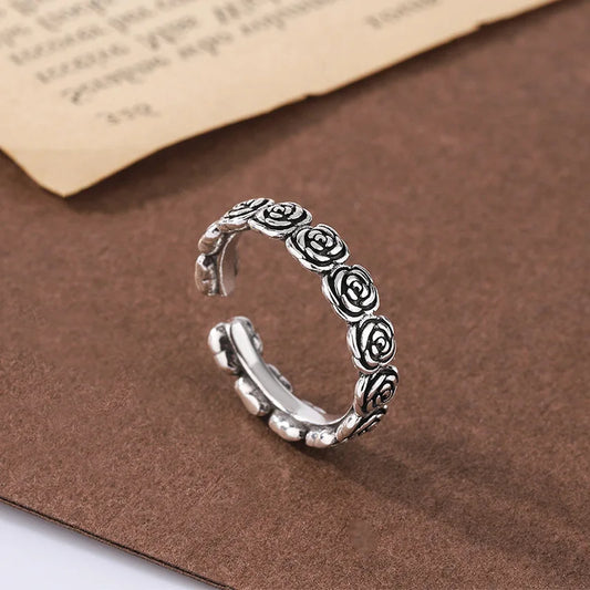 Bague en argent thaïlandais avec motif de rose - e-thnic