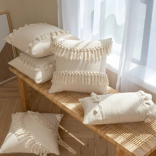 Housses de coussin neutres avec pompons - e-thnic