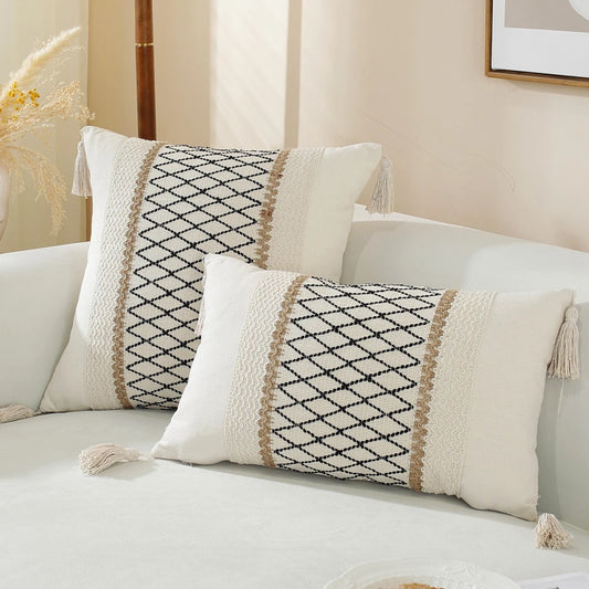 Housse de coussin beige avec motif rayé - e-thnic