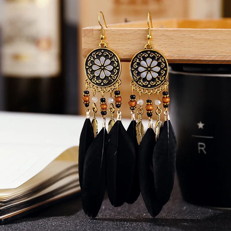 Boucles d'oreilles longues en plumes Boho - e-thnic