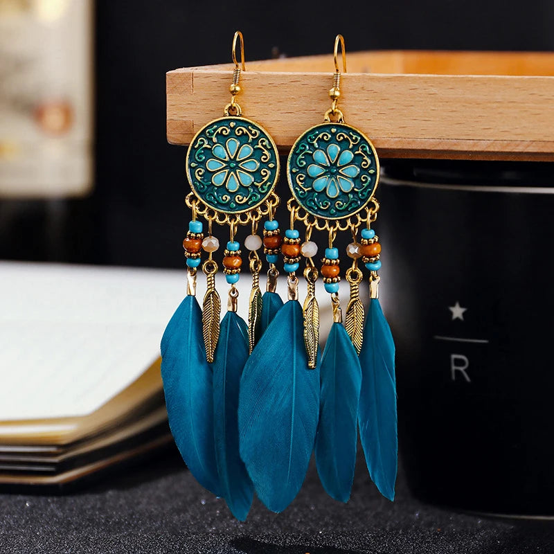 Boucles d'oreilles longues en plumes Boho - e-thnic