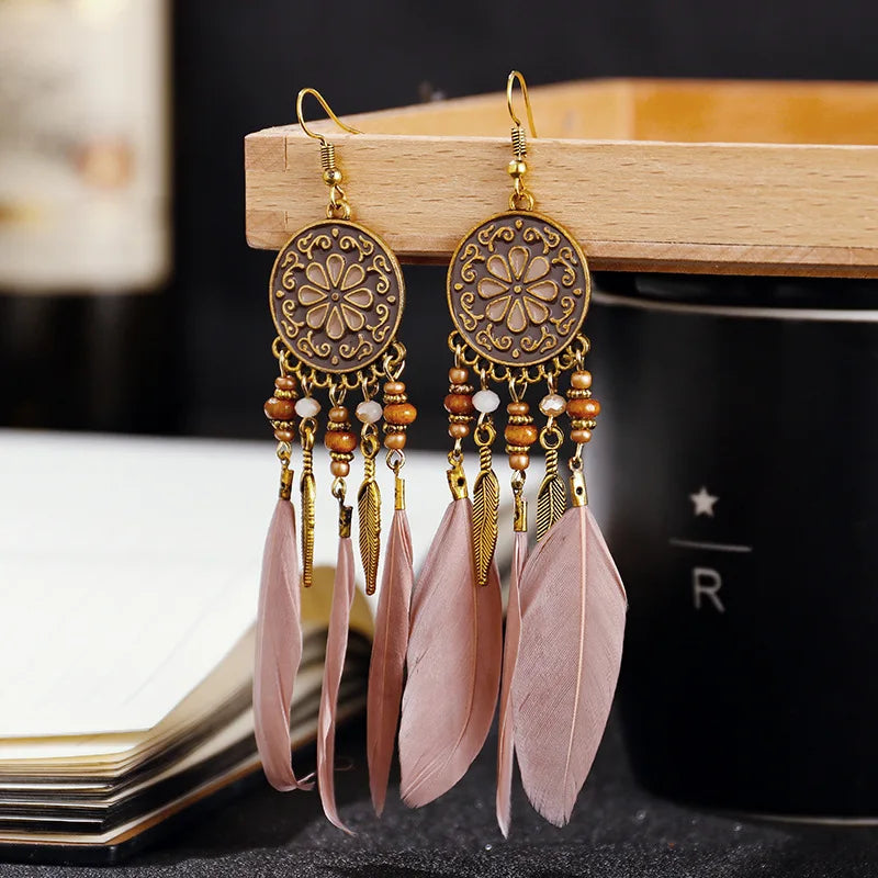 Boucles d'oreilles longues en plumes Boho - e-thnic