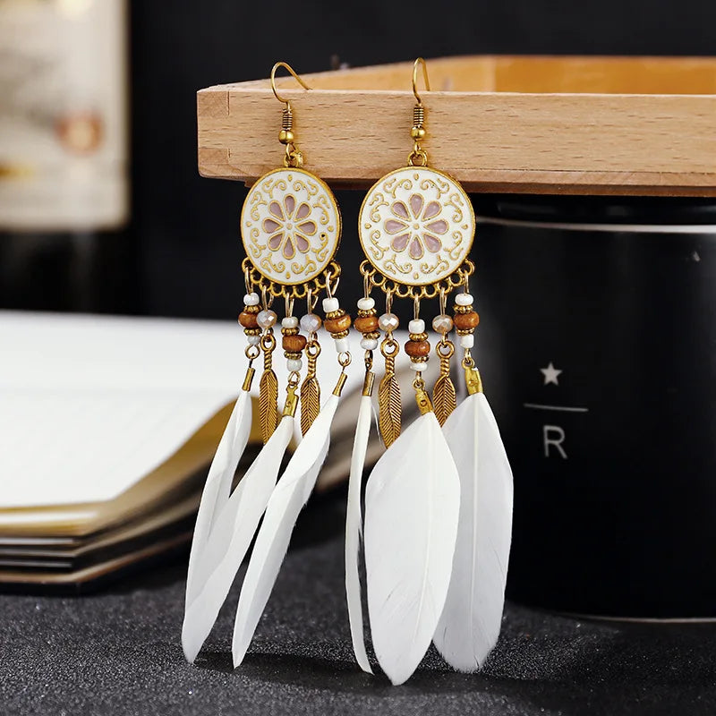 Boucles d'oreilles longues en plumes Boho - e-thnic