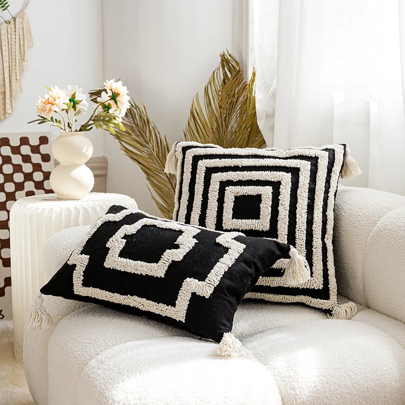 Housse de coussin noires et ivoire faite main - e-thnic