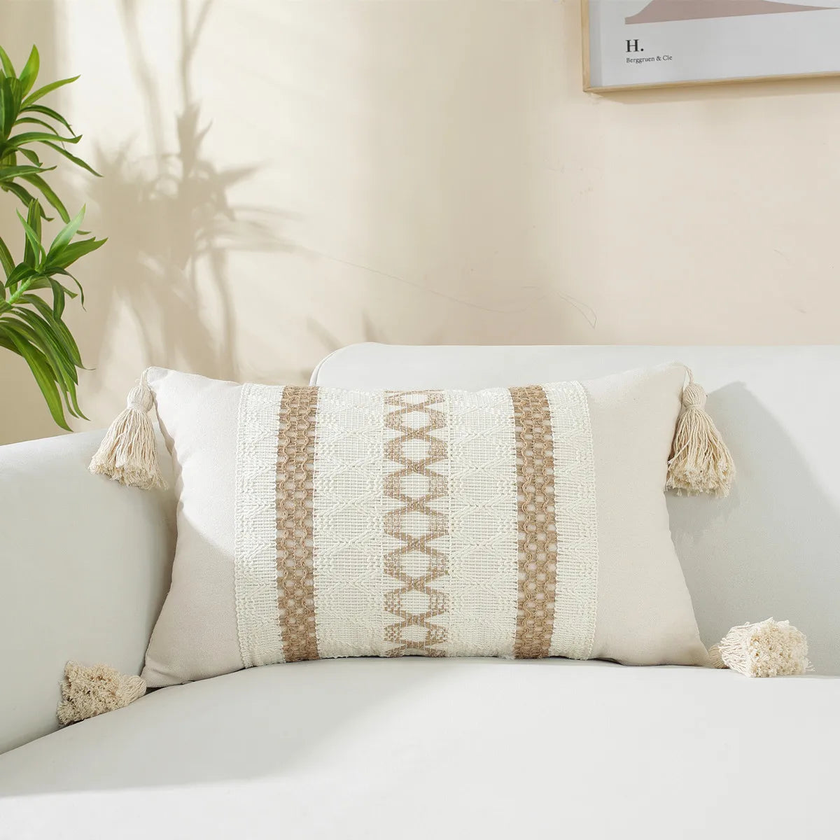 Housse de coussin beige avec motif rayé - e-thnic